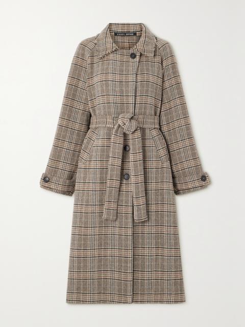 Distressed Belted Checked Wool-blend Coat