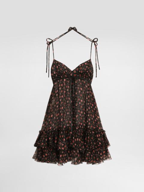 Small rose-print short chiffon dress