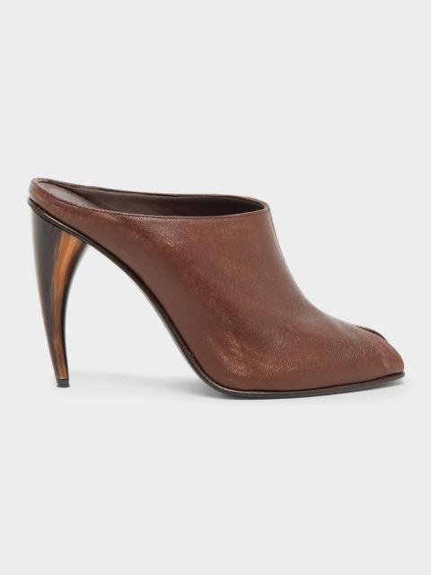 105mm Horn Leather Peep-Toe Mules