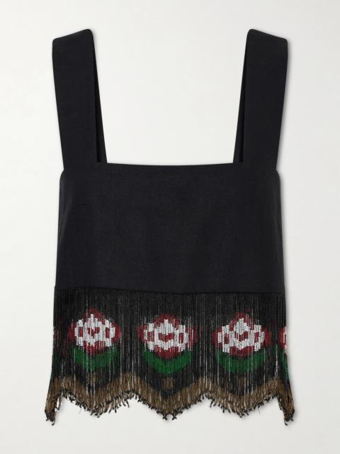 Mia Cropped Bead-embellished Fringed Silk Top