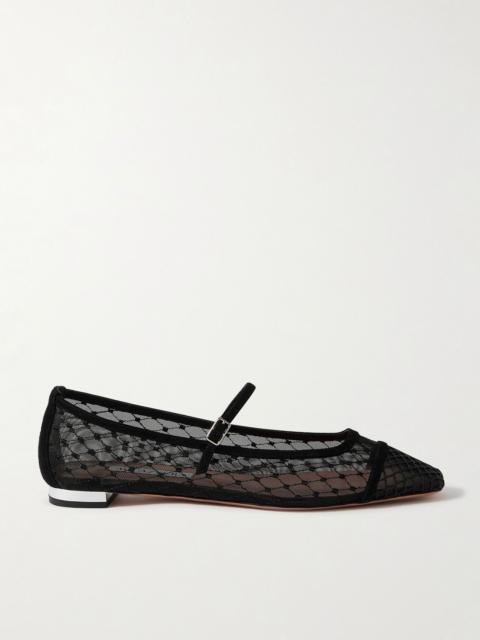 Juliette velvet-trimmed embroidered mesh ballet flats Black