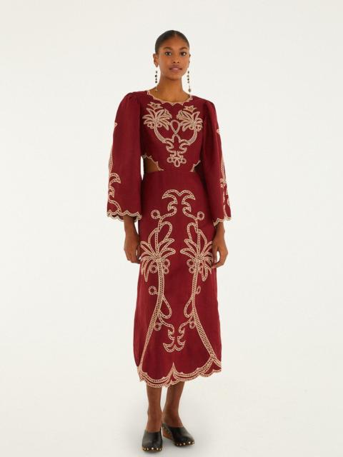 Red Artisanal Cut-Out Embroidered Euroflax™ Premium Linen Maxi Dress