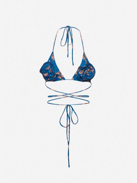 Floral strappy triangle bikini top in blue floral print
