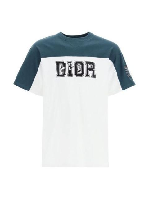 Men's DIOR Logo Printing Colorblock Round Neck Short Sleeve Green T-Shirt 193J646A0554-680
