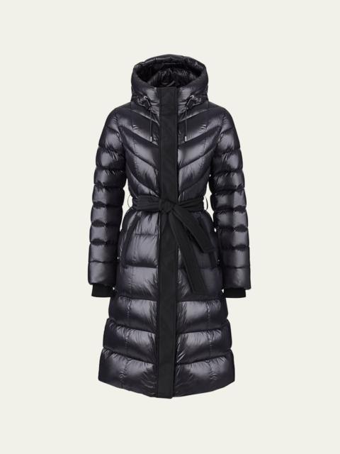 Coralia Lustrous Light Down Coat with Sash Belt