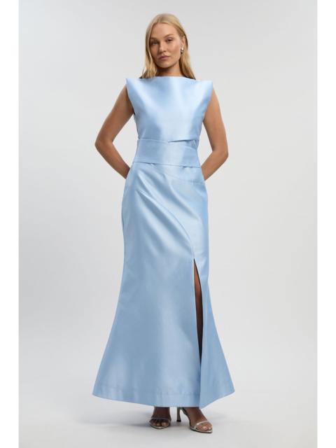 Satin Twill Draped Waist Structured Tailored Maxi Dress
