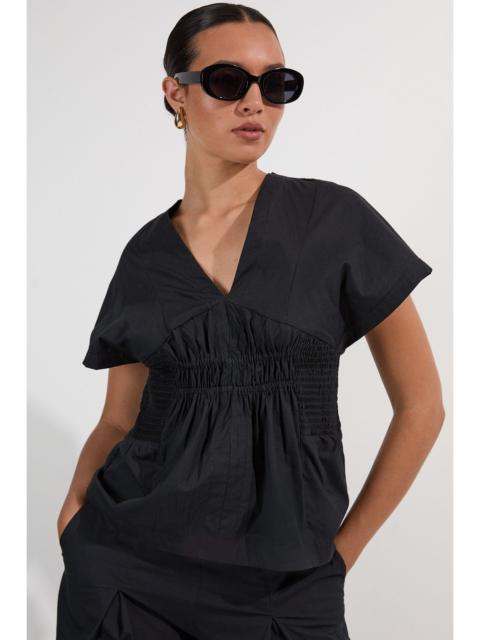 Shirred Cotton Woven Plunge Neck Short Sleeve Top