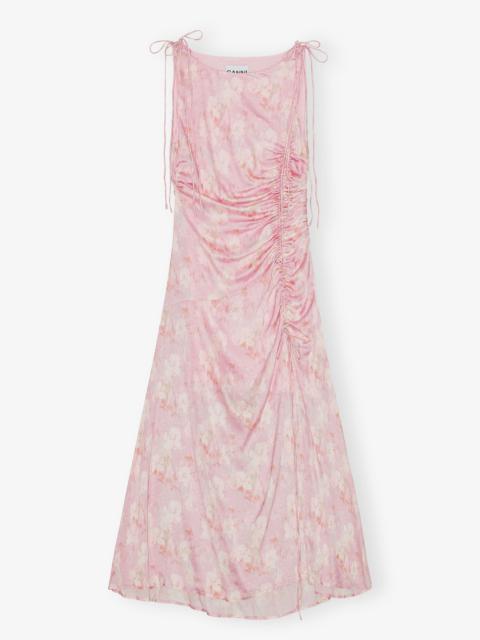 PINK PRINTED SATIN GATHERED DRESS