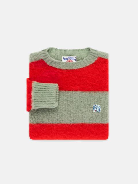 MADE-IN-SCOTLAND SEAFOAM GREEN & RED STRIPE SHAGGY DOG ICON SWEATER - CLASSIC FIT
