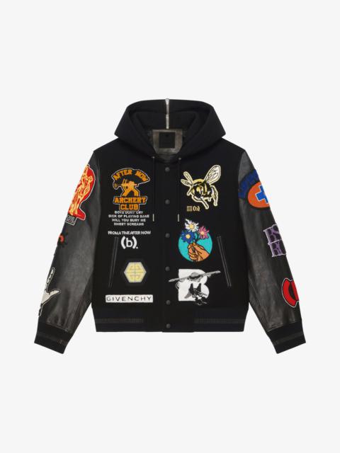 HOODED BOMBER JACKET IN WOOL AND LEATHER