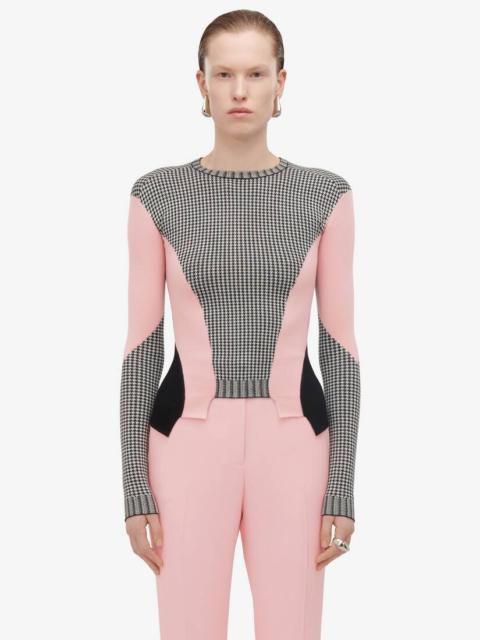 Women's Dogtooth Colour-block Peplum Jumper in Black/white/pink