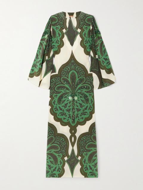 Landscapes Embellished Printed Silk Crepe De Chine Maxi Dress