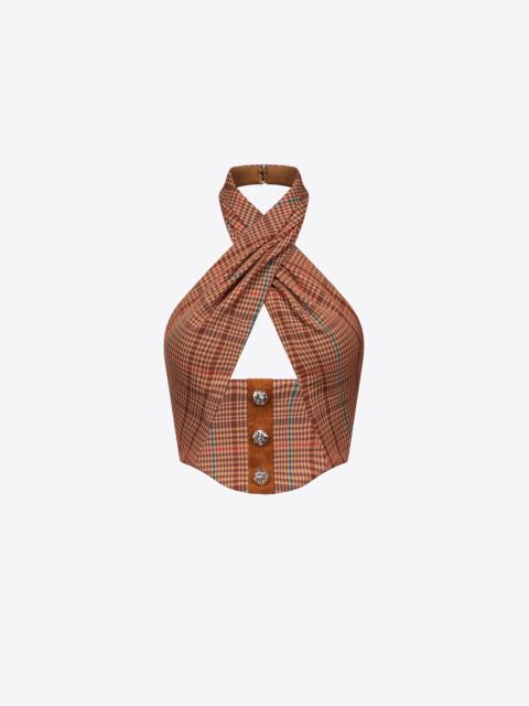 CRYSTAL BUTTON CHECKED HALTER TOP