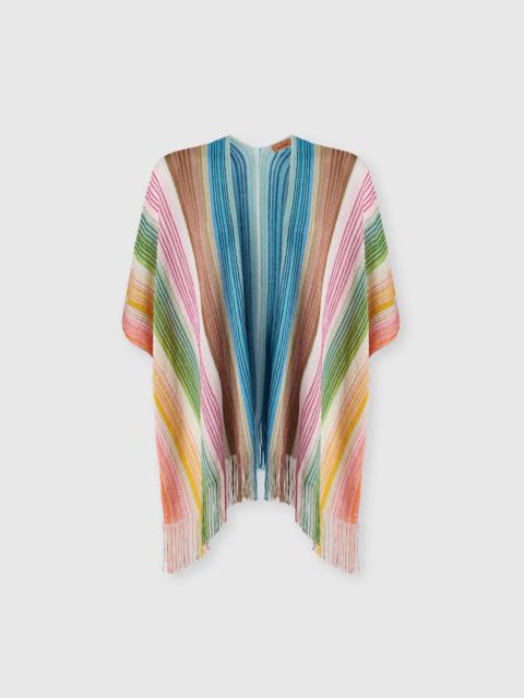 Striped viscose-blend poncho with fringes