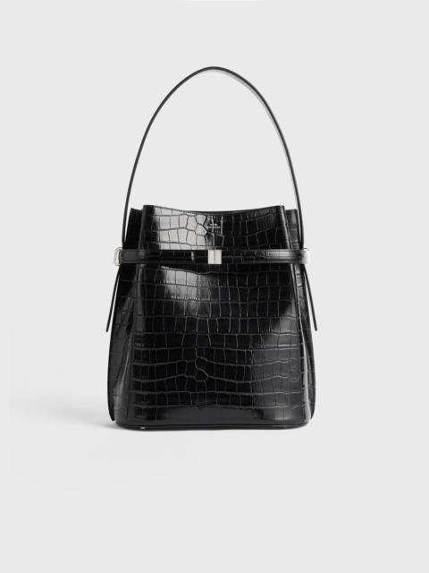 Belted croco-embossed bucket bag black