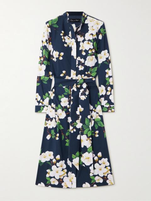 Belted Floral-print Cotton-blend Poplin Midi Shirt Dress