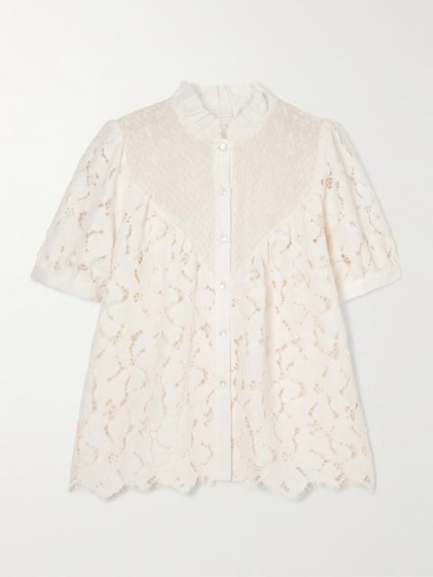 Iole Ruffled Smocked Cotton-trimmed Guipure Lace Blouse