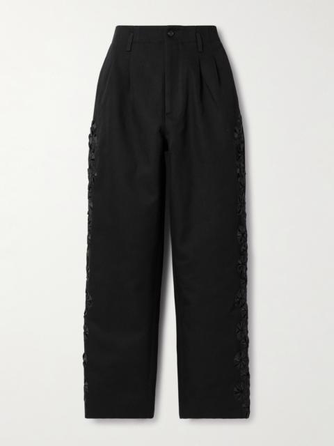 Ribbon Garland Satin-trimmed Pleated Cotton-twill Wide-leg Pants