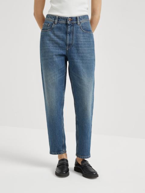 Authentic denim baggy tapered trousers with monili