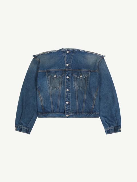 Collarless denim jacket