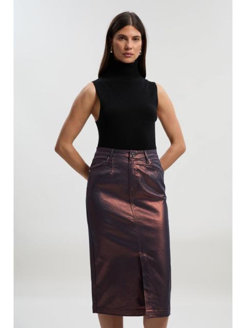 Metallic Coated Denim Pencil Midi Skirt