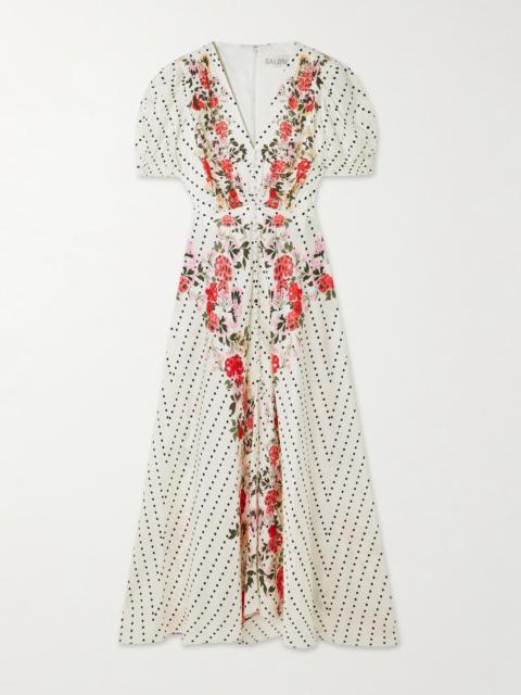 Lea Polka-dot Floral-print Silk-jacquard Midi Dress