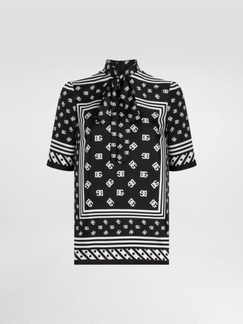 Short-sleeved silk blouse with pussy-bow and all-over DG logo scarf print