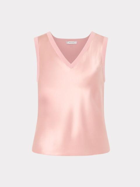 Satin Knit Combination V-Neck Shell Top