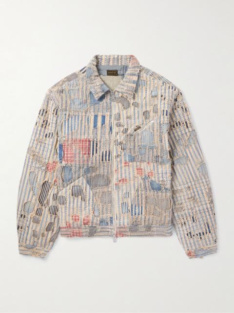 Boro Distressed Patchwork Cotton and Linen-Blend Zip-Up Jacket Blue