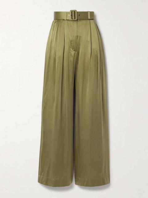 Belted pleated silk-satin wide-leg pants