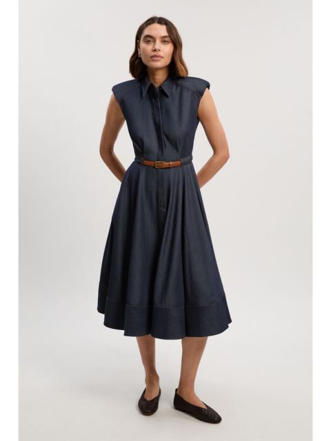 Denim Tailored Belted Collared Full Midi Dress