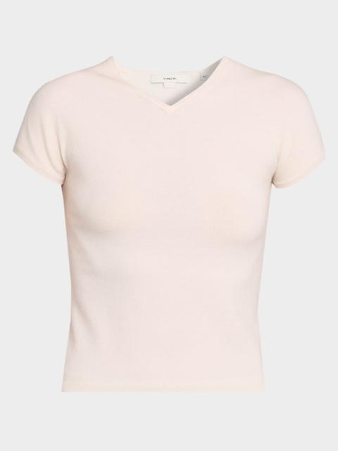 Cashmere-Blend High V-Neck Short-Sleeve Sweater