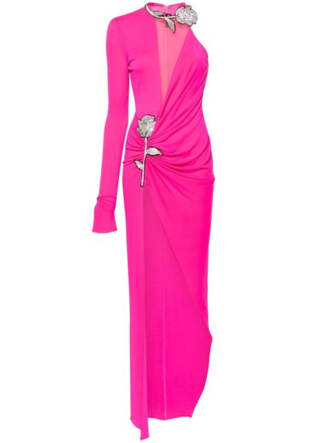 floral-appliqué ruched gown