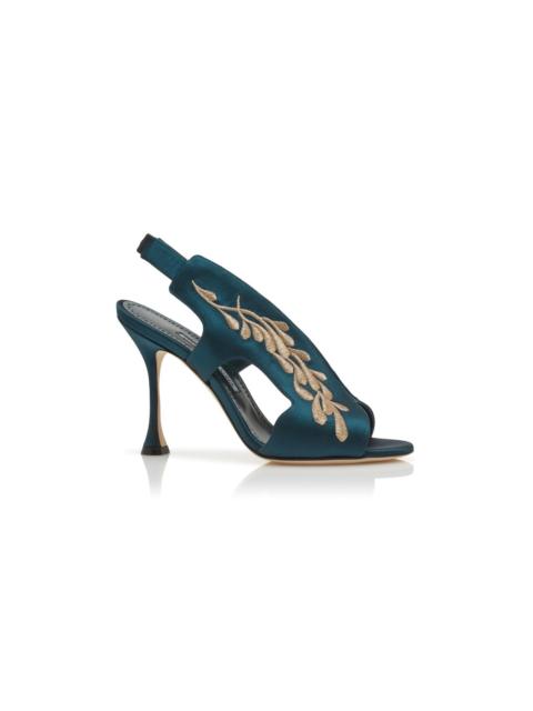 Navy Blue and Gold Satin Slingback Sandals