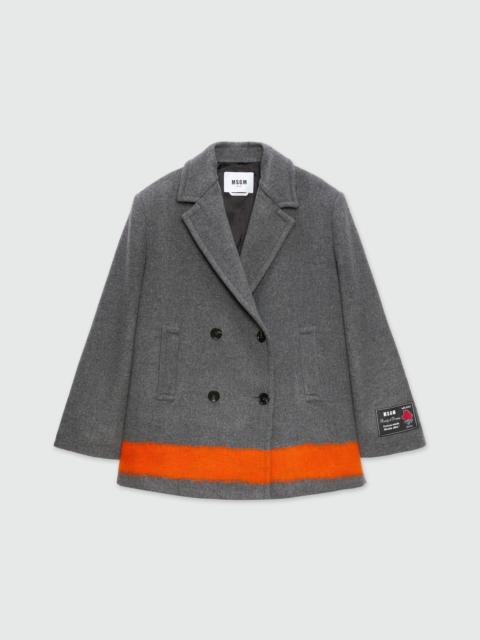 Anthracite double-breasted coat in wool cloth with contrasting band