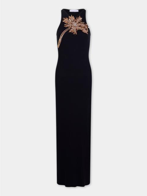MAXI DRESS IN BLACK COTTON WITH PALM TREE-SHAPED EMBROIDERY