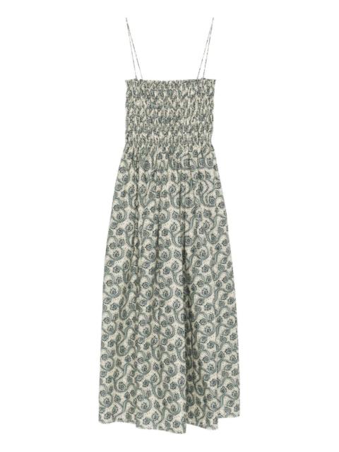 shirred printed maxi dress