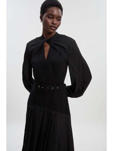 Ponte And Georgette Mix Balloon Sleeve Cut Out Detail Pleated Maxi Dress