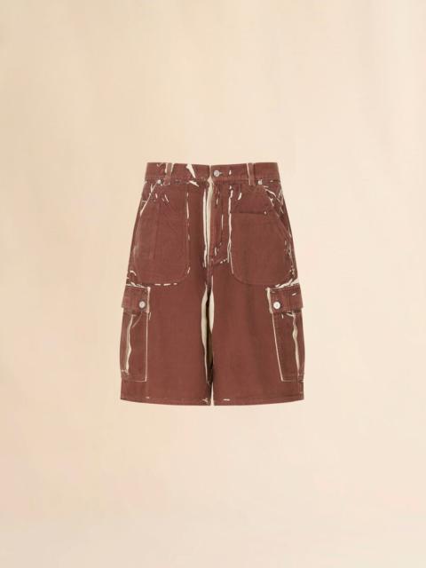 BROWN SCREEN-PRINTED DENIM CARGO SHORTS