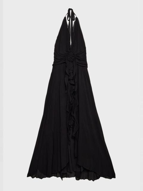 LONG VISCOSE GEORGETTE DRESS WITH ROSE AND RUFFLES