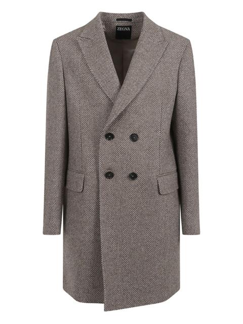 double-breasted herringbone-effect coat