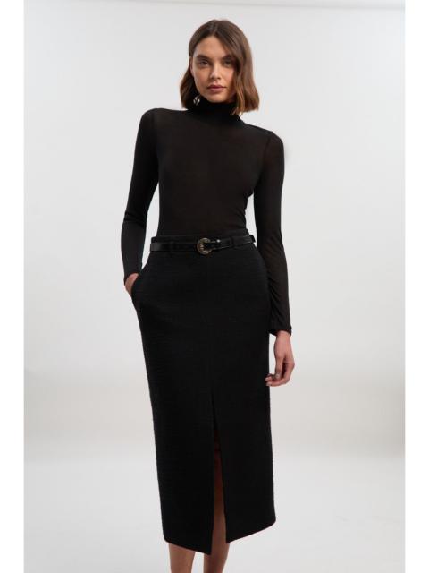 Petite Textured Tweed Tailored Belted Pencil Skirt