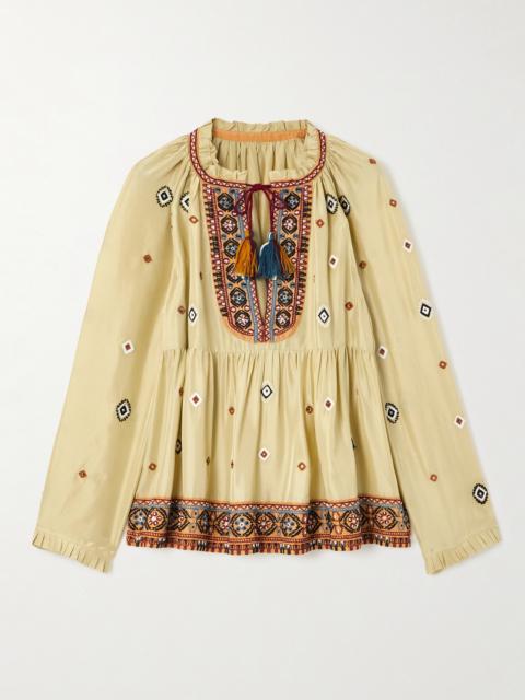 Tasseled Bead-embellished Embroidered Silk-shantung Blouse