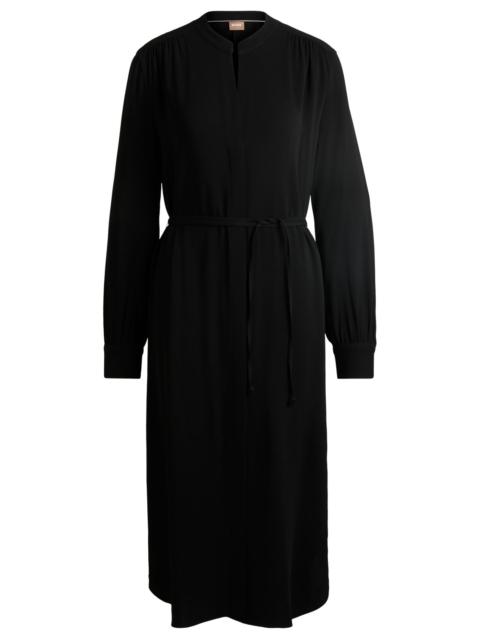 BELTED DRESS WITH COLLARLESS V NECKLINE AND BUTTON CUFFS