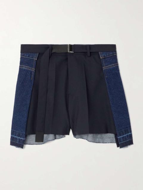 Belted pleated denim and shell shorts Navy