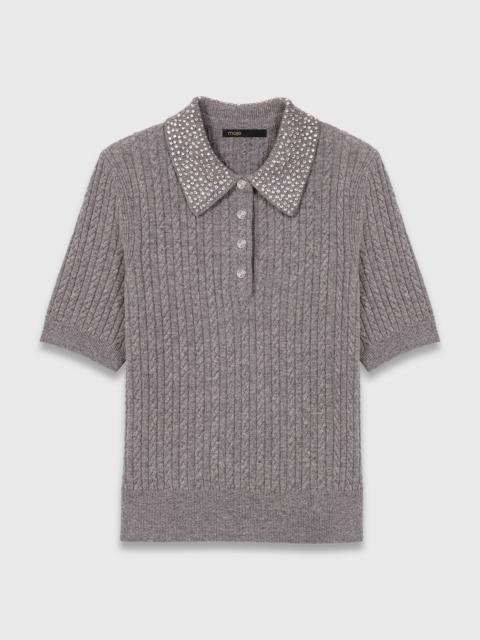 Wool polo shirt with rhinestone collar