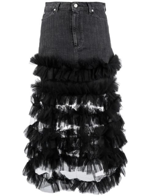 ruffle tulle-trim denim A-line skirt