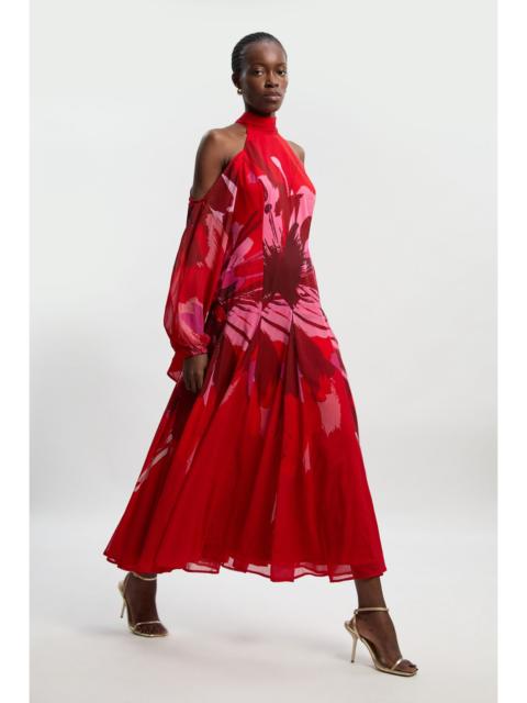 Photographic Floral Crinkle Georgette High Neck Cold Shoulder Woven Maxi Dress