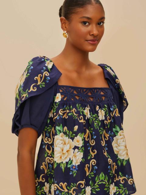 Blue Flower Tapestry Yoke Blouse