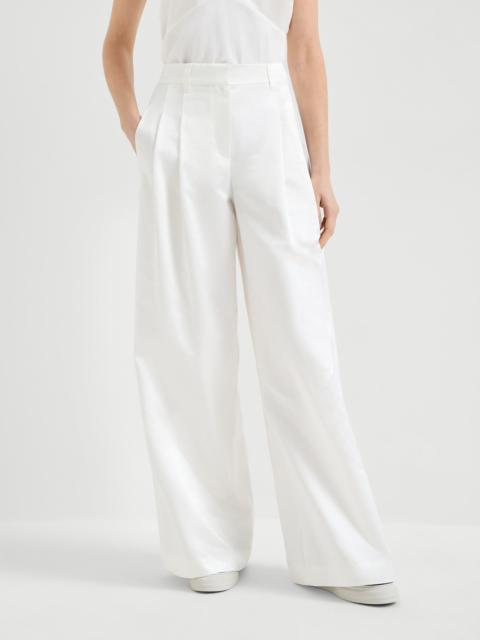 Cotton and silk satin loose pleated trousers with monili